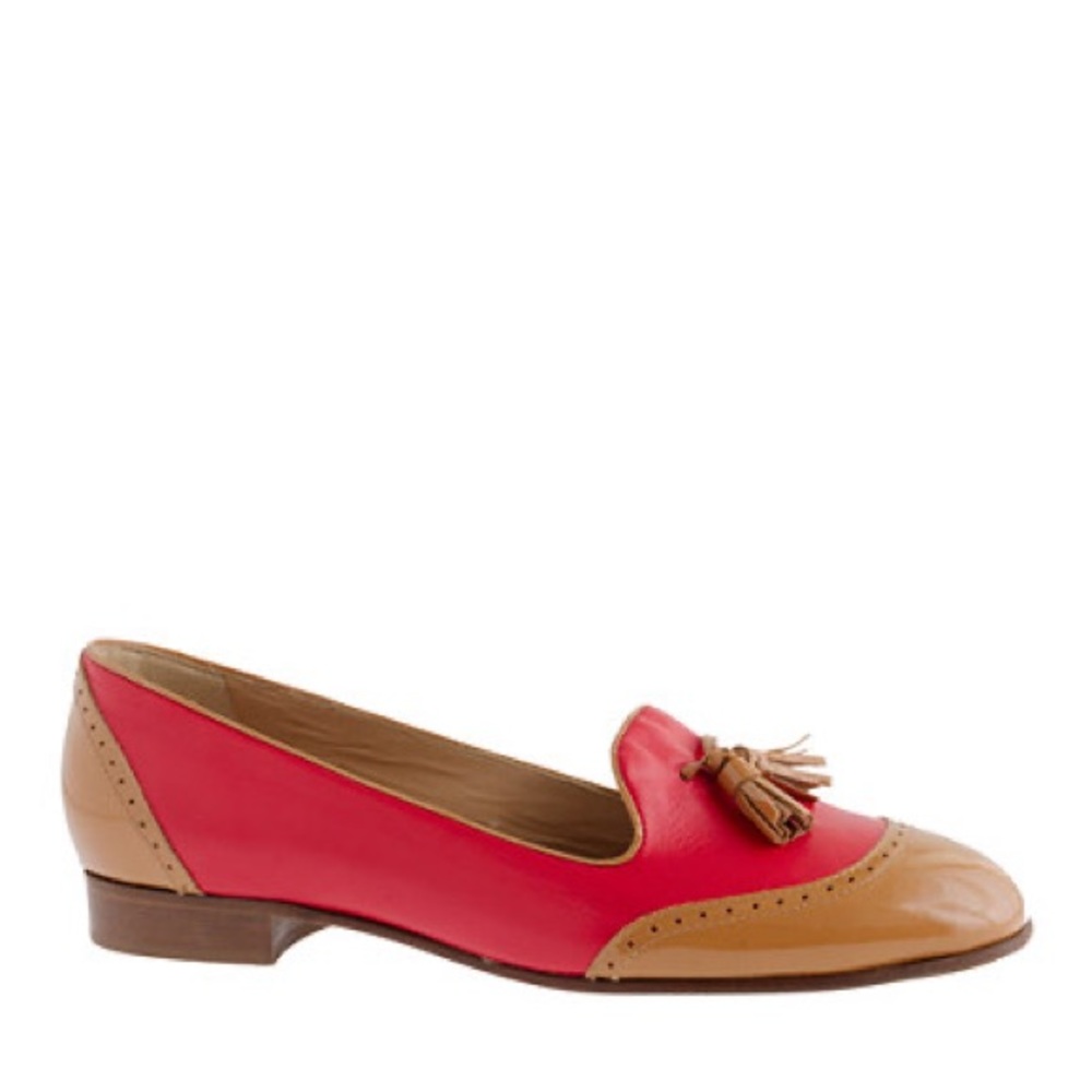 J. crew “Toni” Red and tan Italian leather loafers/flats with tassels